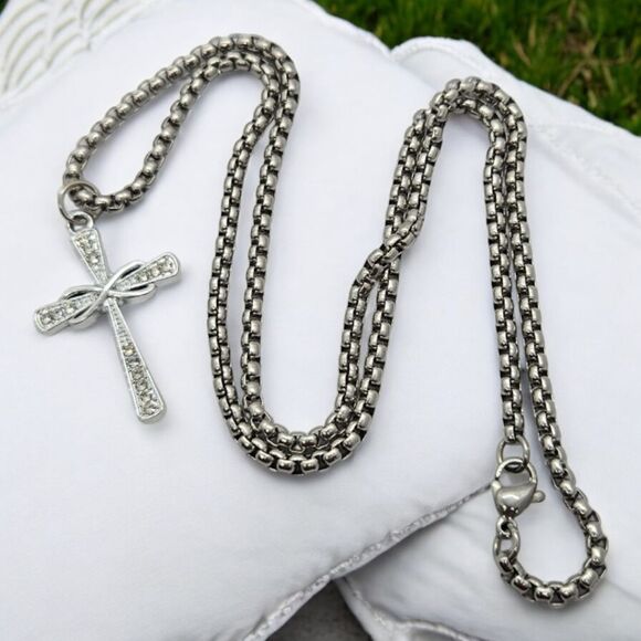 Rhinestone Infinity Cross Pendant Women's Silver Stainless Steel Necklace Gift - Picture 5 of 9